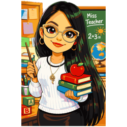 Arte vectorial de una maestra escolar sosteniendo libros con una manzana en un salón de clases.