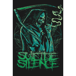 Diseño vectorial de la Parca con guadaña en tonos verdes, texto 'SUICIDE SILENCE' y humo, estilo gótico