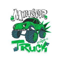 Ilustración vectorial de camión Monster Truck verde estilo caricatura con texto Let's Rock.