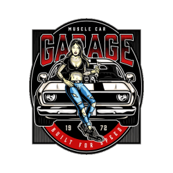 Ilustración vectorial vintage de coche clásico muscle car negro con chica pin up tatuada sosteniendo una llave inglesa sobre emblema de garage 1972