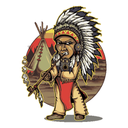 Vector de jefe nativo americano con tocado de plumas, fumando pipa con fondo de tipi