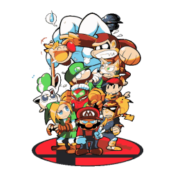 Diseño vectorial titulado 'Nintenders' que muestra a los personajes de Nintendo parodiando a los superhéroes de Marvel Avengers.