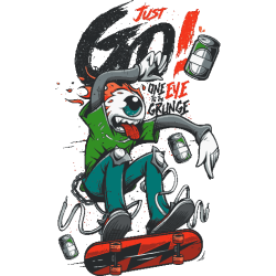 Diseño gráfico surrealista de un monstruo de un solo ojo patinando sobre una tabla roja rodeado de latas volando