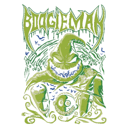 Ilustración vectorial de Oogie Boogie en tonos verdes con gusanos en la boca y las máscaras de Lock, Shock y Barrel.