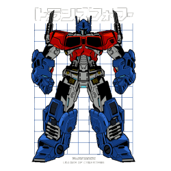 Ilustración técnica de Optimus Prime de Transformers con letras japonesas sobre fondo de cuadrícula para estampado.