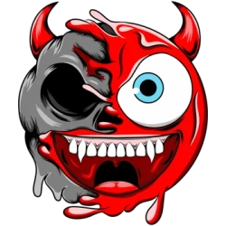 Emoticono rojo de diablo con cuernos y colmillos revelando una calavera lateral.