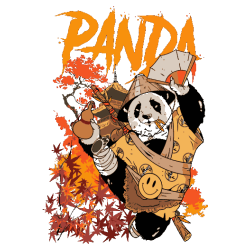 El panda guerrero con sombrero cónico, abanico, calabaza y kimono roto