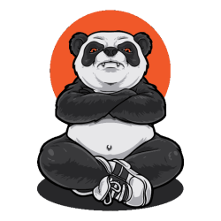 Vector de panda musculoso en postura de Kung Fu con guantes, fondo naranja circular