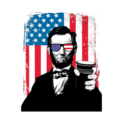 Ilustración retro de Abraham Lincoln con gafas de sol y bandera de Estados Unidos estilo grunge.