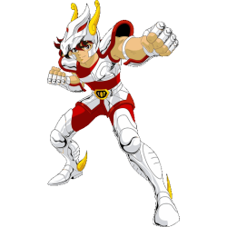 Ilustración vectorial clásica de Seiya de Pegaso en pose de ataque con armadura blanca y roja de Saint Seiya.