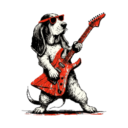 Ilustración vectorial de un perro basset hound tocando la guitarra eléctrica