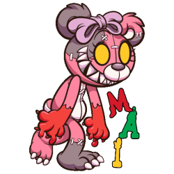 Vector de muñeca oscura cosida con parches, ojos amarillos, mano roja