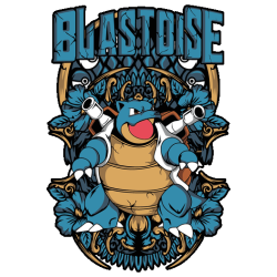 Diseño vectorial del Pokémon Blastoise con sus cañones de agua en un marco ornamental con flores azules y detalles dorados.