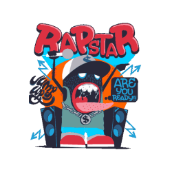 Vector de monstruo rapero con gorra, micrófono y altavoces, texto 'RAP STAR' en rojo, cadena de dólar