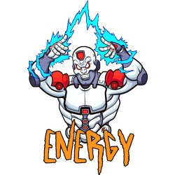 Ilustración vectorial de cyborg robot emanando rayos eléctricos con texto Energy.