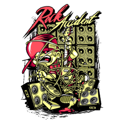 Ilustración rockera de guitarrista enredado en cables con amplificadores para impresión textil.