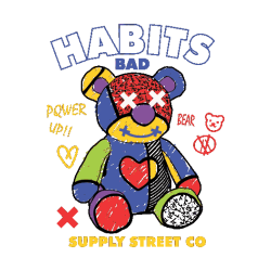 Ilustración de oso de peluche estilo 'patchwork' multicolor con ojos en X y textos 'HABITS' y 'SUPPLY STREET CO'
