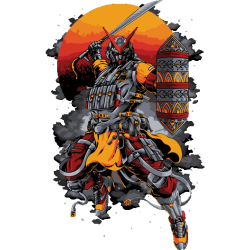 Ilustración de samurai futurista con armadura táctica, espada en alto y escudo decorado, con fondo de sol rojo estilo japonés.