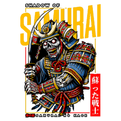 Diseño gráfico vectorial de un samurái esqueleto con armadura de colores y textos en japonés.