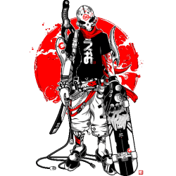 Ilustración vectorial de skater futurista estilo anime mecha con máscara, tabla de skate y sol rojo de fondo.
