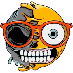 Ilustración vectorial de un emoji derretido con lentes rojos, revelando una calavera en su mitad izquierda. Estilo horror pop