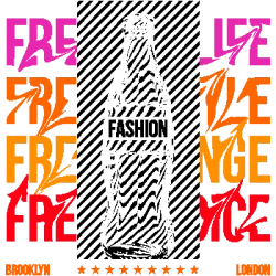 "Diseño vectorial urbano con palabra 'FREE' repetida, botella de champán, 'BROOKLYN' y 'LONDON', estilo festivo