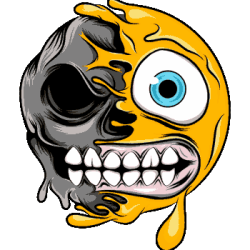 Vector de emoji amarillo derritiéndose fusionado con calavera, ojo azul y cuenca vacía