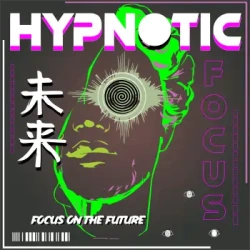 Vector de rostro hipnótico con ojo neón verde, texto 'Focus on the Future' y kanji japonés