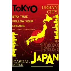 Vector de Tokio con mapa de Japón, texto '1983' y 'Stay True Follow Your Dreams', estilo urbano