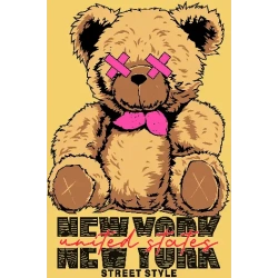 Oso de peluche con ojos tachados en rosa, texto 'New York United States Street Style', estilo cartoon urbano