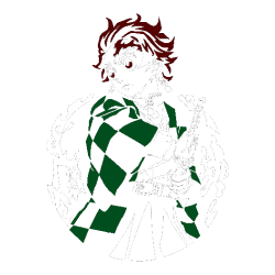 Vector de Tanjiro Kamado de Demon Slayer, manta verde y negra, sosteniendo espada verde, rodeado de llamas blancas