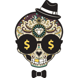 Diseño vectorial de calavera con sombrero y pajarita, gafas de sol con símbolos de dólar, diamante en frente, estilo gangster y lujoso