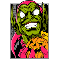 Ilustración vectorial del Duende Verde con bomba de calabaza de Halloween para estampado de camisetas.