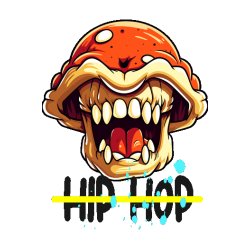 Vector de boca gigante de estilo cartoon, dientes amarillos, saliva azul, texto 'HIP HOP' en negro y amarillo