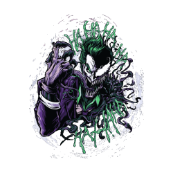 Ilustración híbrida de Joker mezclado con Venom y texto Ha Ha Ha para remeras oscuras.