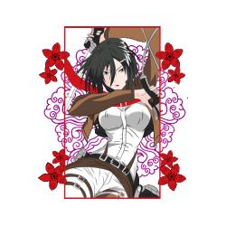 Ilustración de Mikasa de Attack on Titan con marco rojo, nubes orientales y flores para estampado textil.