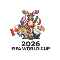 Gráfico vectorial del trofeo del mundial custodiado por un alce, un jaguar y un águila con sus respectivas banderas nacionales.