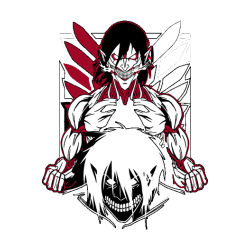 Arte vectorial de Attack on Titan con Eren Yeager en forma de titán y emblema de las alas de la libertad.