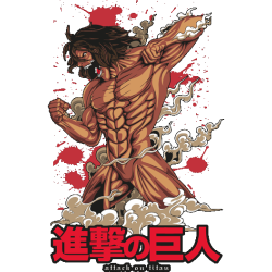 Vector de Eren Jaeger en forma de Titán de Ataque lanzando un golpe con manchas de sangre de fondo.