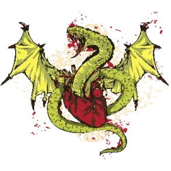 Diseño vectorial de dragón verde rodeando un corazón humano rojo con alas y sangre