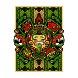 Ilustración vectorial del Calendario Azteca Piedra del Sol estilo puntillismo huichol con grecas prehispánicas.