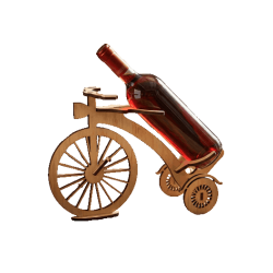 Diseño 3D en madera mdf cortado a láser de un portabotellas de vino con forma de bicicleta.