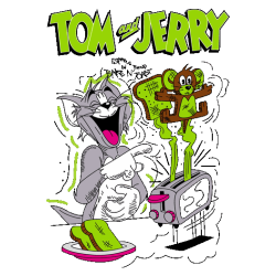 Diseño vectorial cómico de Tom riéndose con Jerry saliendo de la tostadora.