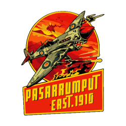 Logo estilo retro de un avión de combate con boca de tiburón y texto Pasarrumput East 1910.