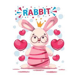 Conejo blanco con corona, gafas redondas y rodeado de corazones. Texto “RABBIT”.