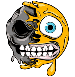 Vector de emoji amarillo derritiéndose fusionado con calavera, ojo azul y cuenca vacía