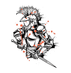 Guerrero samurai con cresta punk y armadura, salpicado de pintura naranja