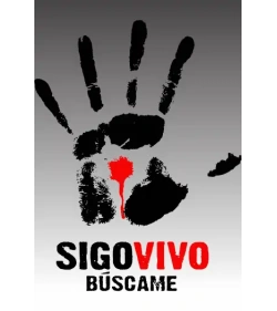 Diseño vectorial de huella de mano con gota roja, texto 'Sigo Vivo Búscame
