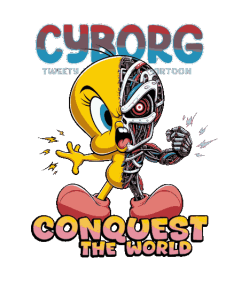 Tweety mitad amarillo cartoon clásico, mitad cyborg futurista con armadura metálica