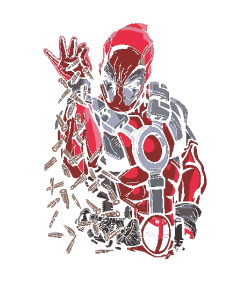 Diseño vectorial de Deadpool parodiando el meme de Salt Bae, dejando caer balas en lugar de sal